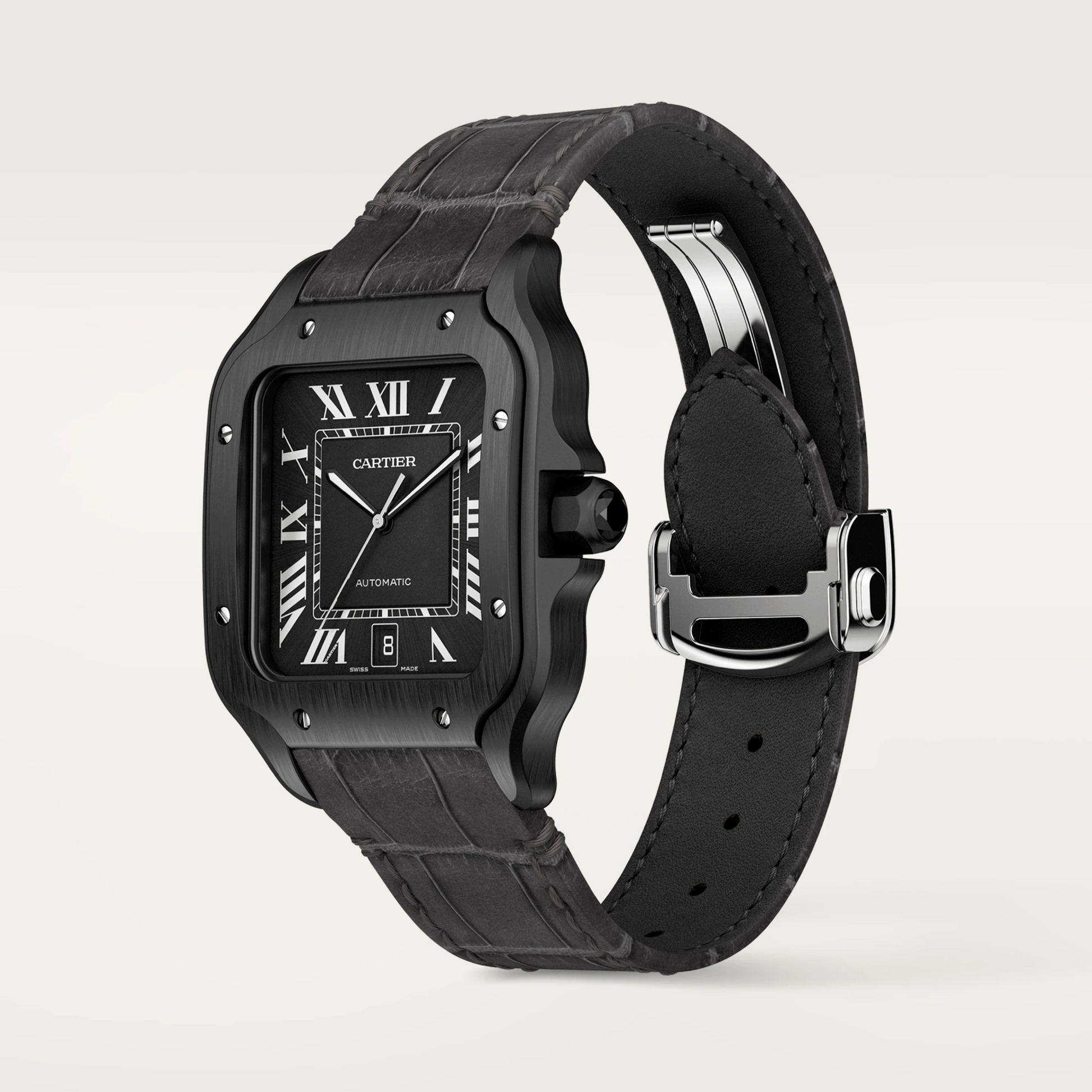 Cartier Santos de Cartier Stainless Steel 39.8 MM (Large Model) - Black Leather Strap - Black Dial - WSSA0039