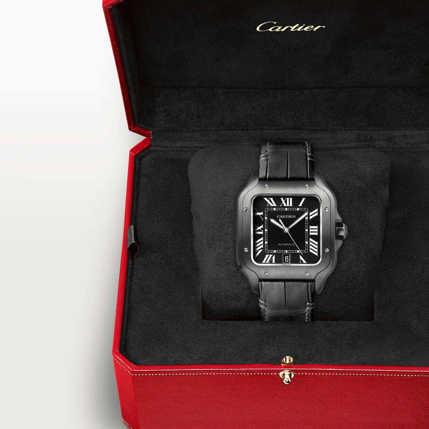 Cartier Santos de Cartier Stainless Steel 39.8 MM (Large Model) - Black Leather Strap - Black Dial - WSSA0039