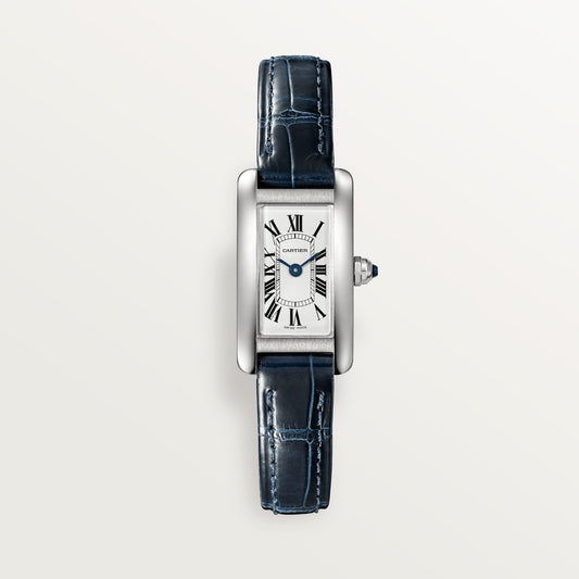 Cartier Tank Stainless Steel (Mini Model) 27 MM - Blue Leather Strap - Stainless Steel Bezel - White Dial - WSTA0032