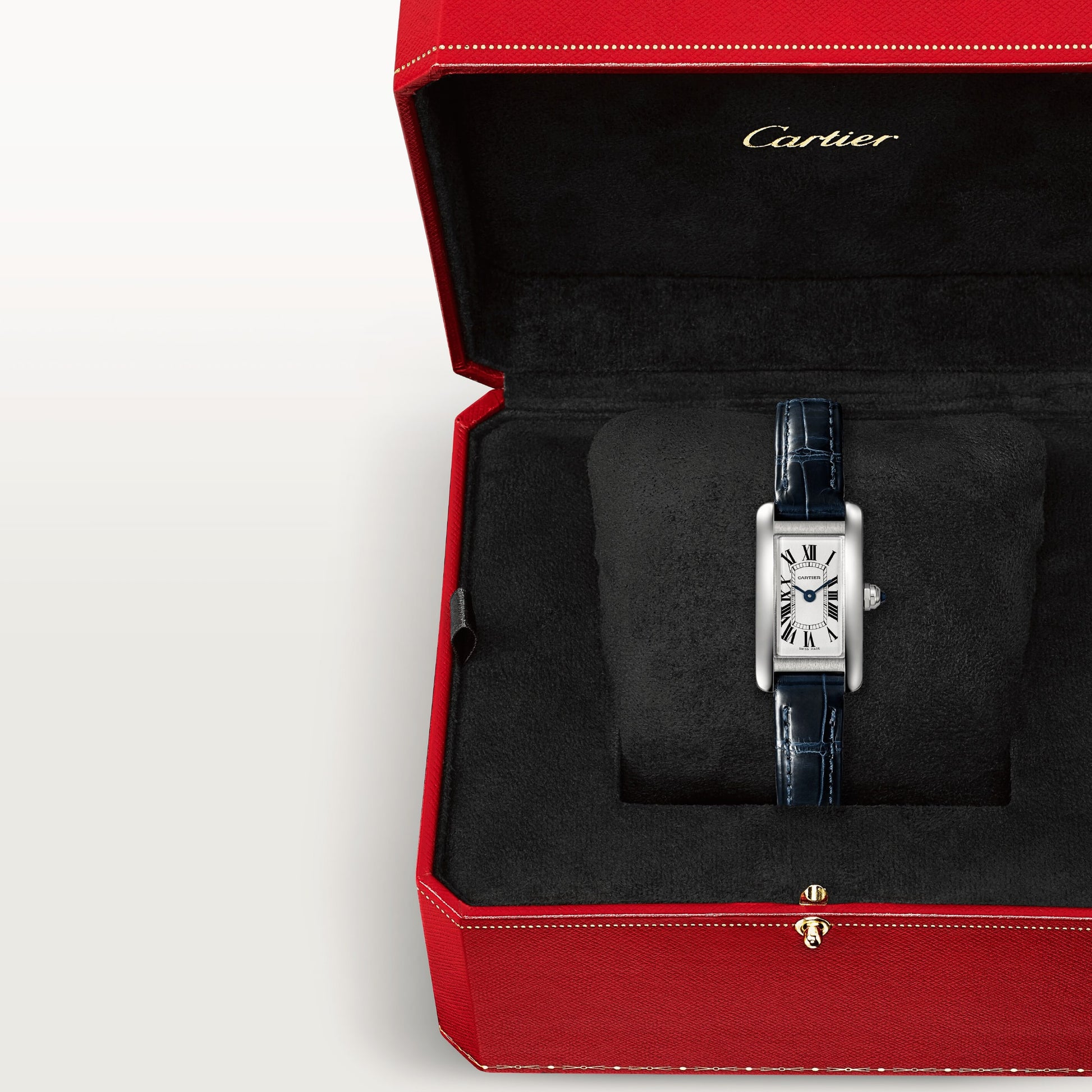 Cartier Tank Stainless Steel (Mini Model) 27 MM - Blue Leather Strap - Stainless Steel Bezel - White Dial - WSTA0032