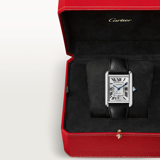 Cartier Tank Stainless Steel (Extra Large Model) 41 MM - Black Leather Strap - Stainless Steel Bezel - White Dial - WSTA0040