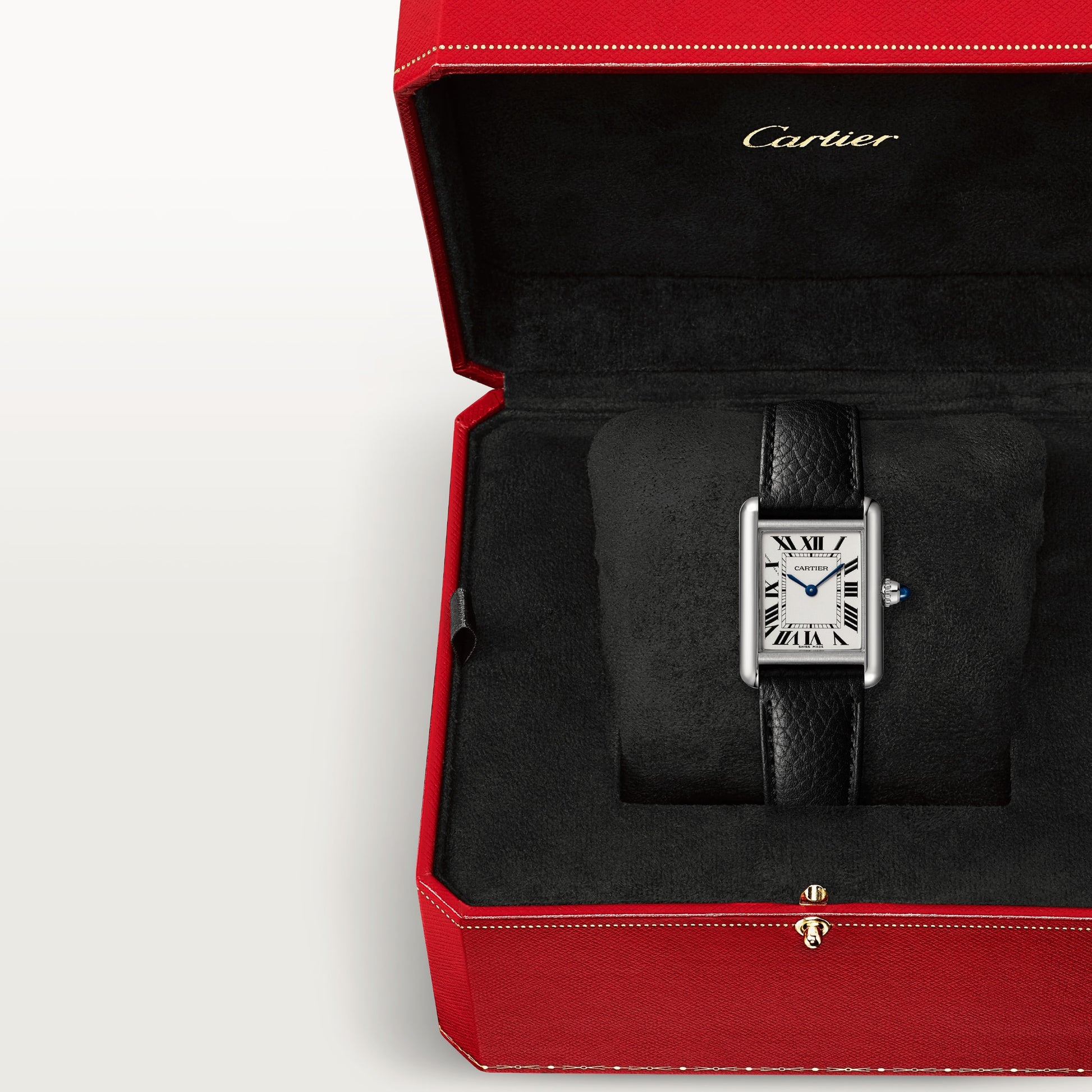 Cartier Tank Stainless Steel (Small Model) 29 MM - Black Leather Strap - Stainless Steel Bezel - White Dial - WSTA0042