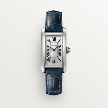 Cartier Tank Stainless steel (Small Model) 34 MM - Blue Leather Strap - Stainless Steel Bezel - Silver Dial - WSTA0043