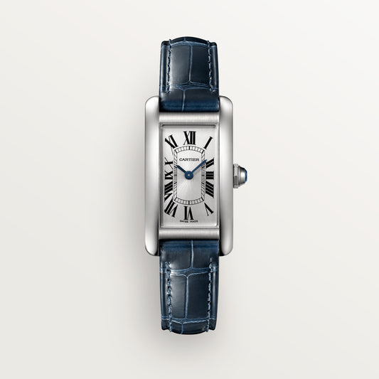 Cartier Tank Stainless steel (Small Model) 34 MM - Blue Leather Strap - Stainless Steel Bezel - Silver Dial - WSTA0043