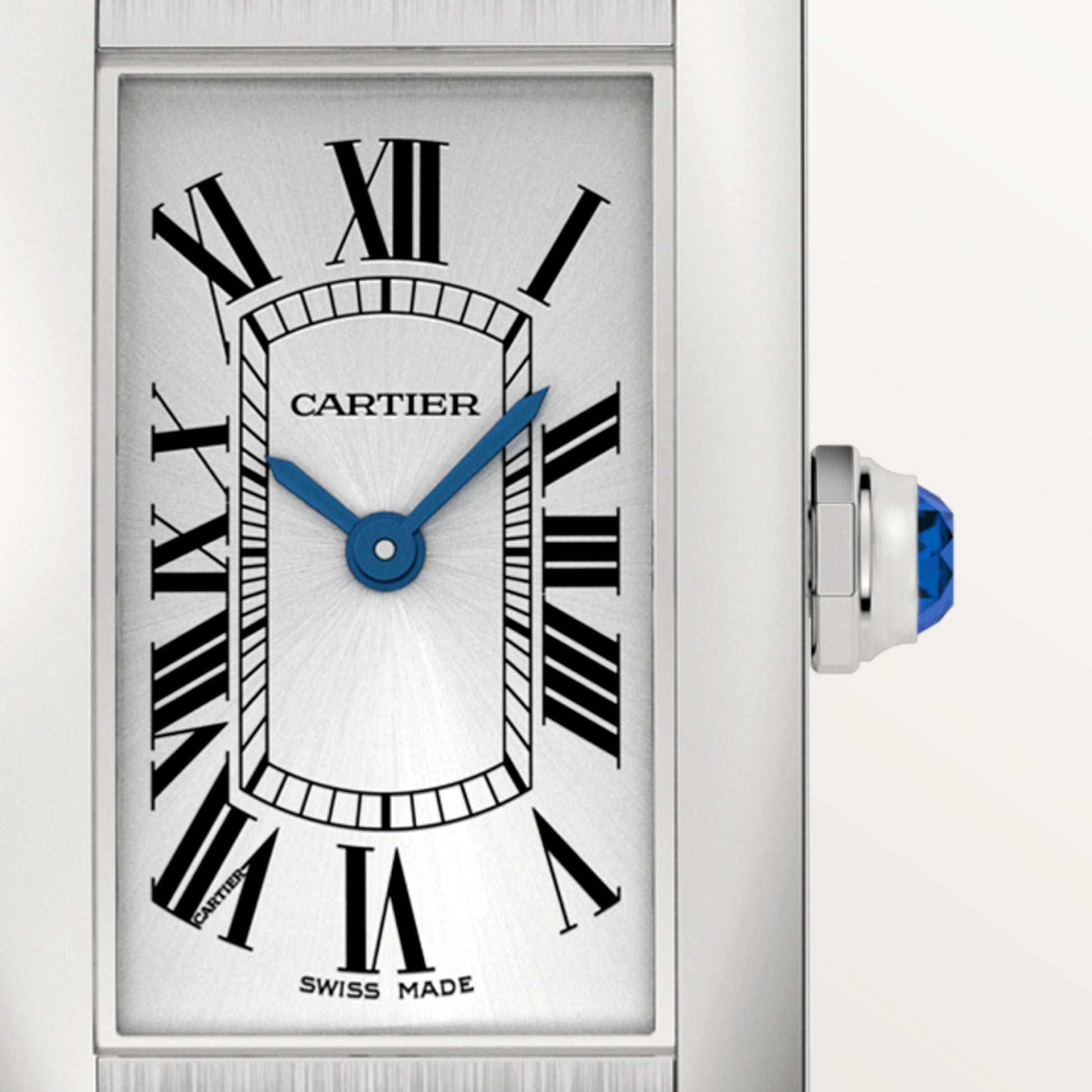 Cartier Tank Stainless steel (Small Model) 34 MM - Blue Leather Strap - Stainless Steel Bezel - Silver Dial - WSTA0043