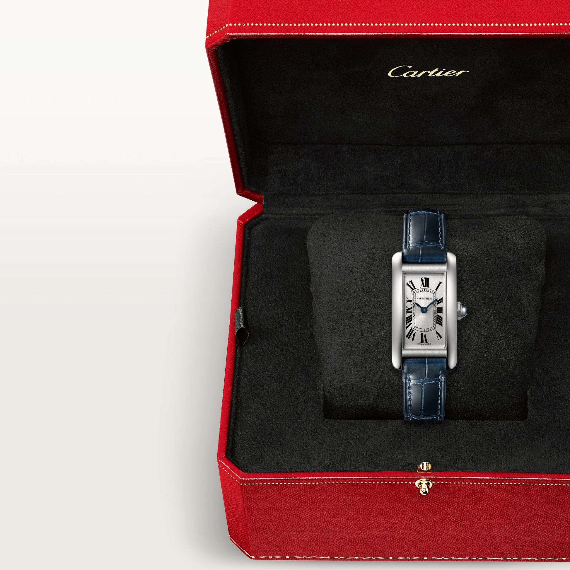 Cartier Tank Stainless steel (Small Model) 34 MM - Blue Leather Strap - Stainless Steel Bezel - Silver Dial - WSTA0043