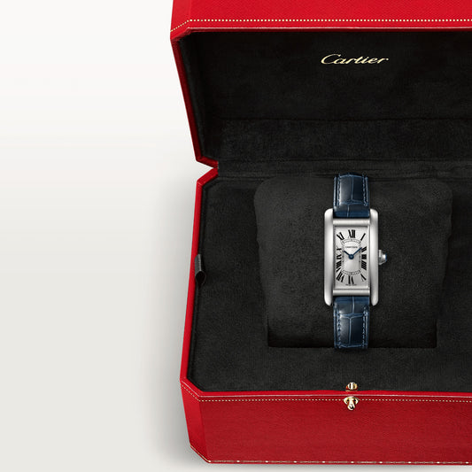 Cartier Tank Stainless steel (Small Model) 34 MM - Blue Leather Strap - Stainless Steel Bezel - Silver Dial - WSTA0043