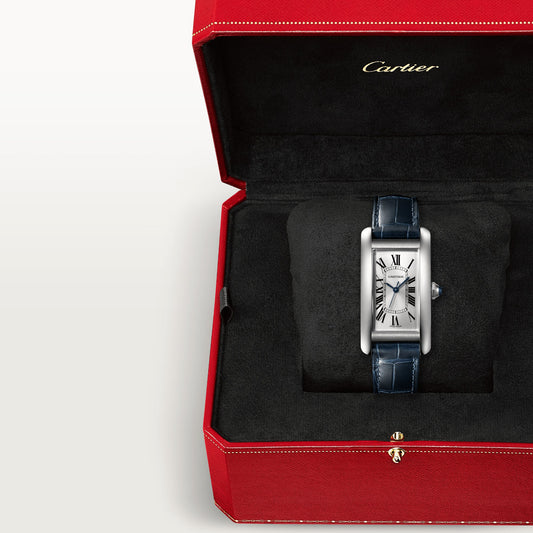 Cartier Tank Stainless steel (Medium Model) 41 MM - Blue Leather Strap - Stainless Steel Bezel - Silver Dial - WSTA0044