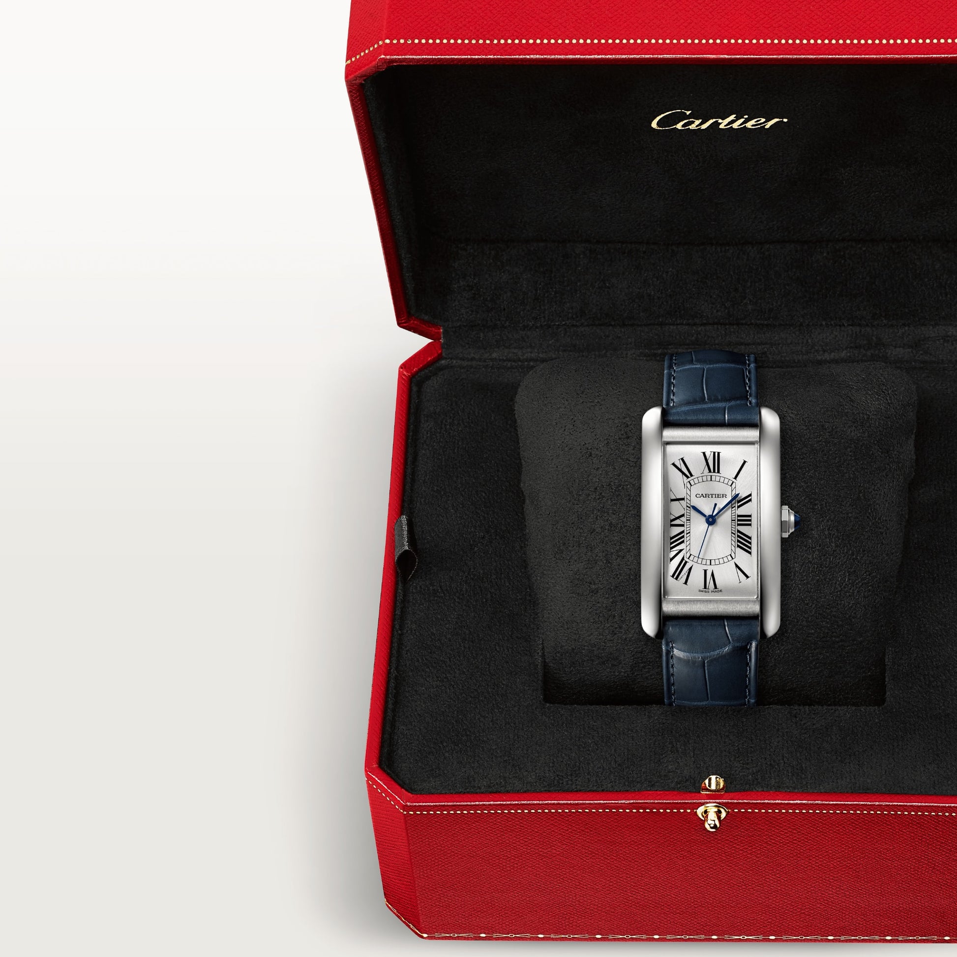 Cartier Tank Stainless steel (Large Model) 45 MM - Blue Leather Strap - Stainless Steel Bezel - Silver Dial - WSTA0045