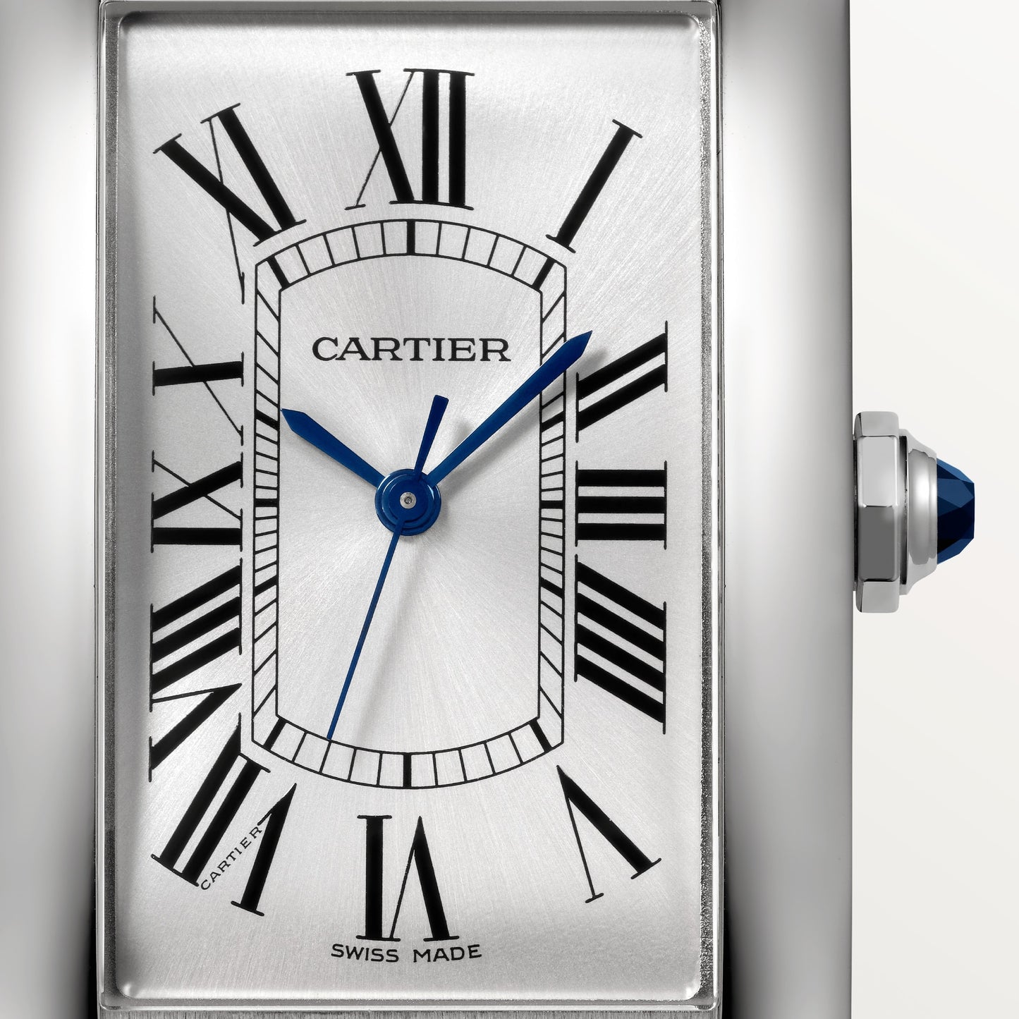 Cartier Tank Stainless steel (Large Model) 45 MM - Blue Leather Strap - Stainless Steel Bezel - Silver Dial - WSTA0045