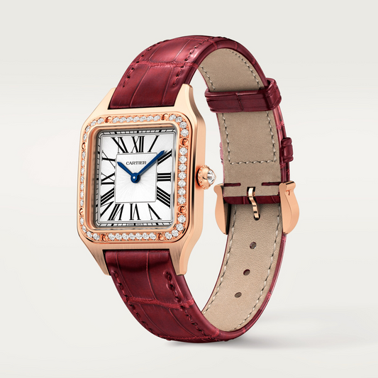 Cartier Santos de Cartier-Dumont Pink Gold 38 MM (Large Model) - Burgundy Leather Strap - Silver Satin Dial - WJSA0017