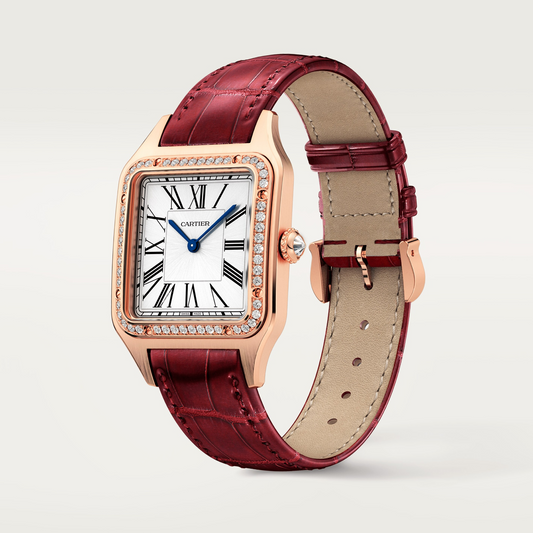 Cartier Santos de Cartier-Dumont Pink Gold 39 MM (Large Model) - Bordeaux Leather Strap - Silver Satin Dial - WJSA0016