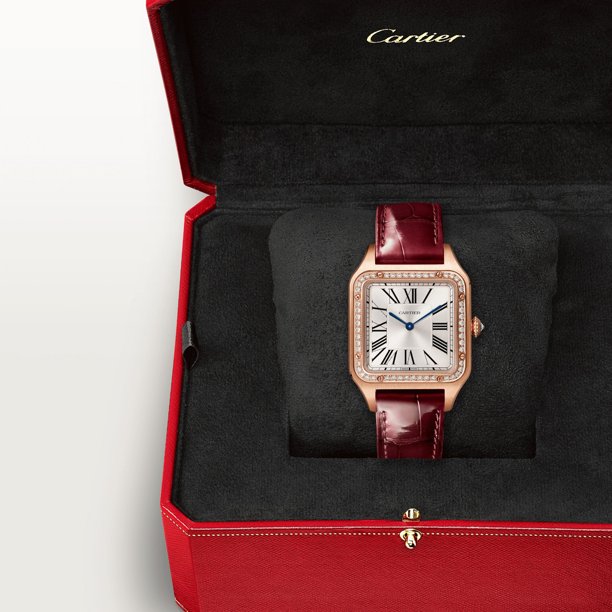 Cartier Santos de Cartier-Dumont Pink Gold 39 MM (Large Model) - Bordeaux Leather Strap - Silver Satin Dial - WJSA0016