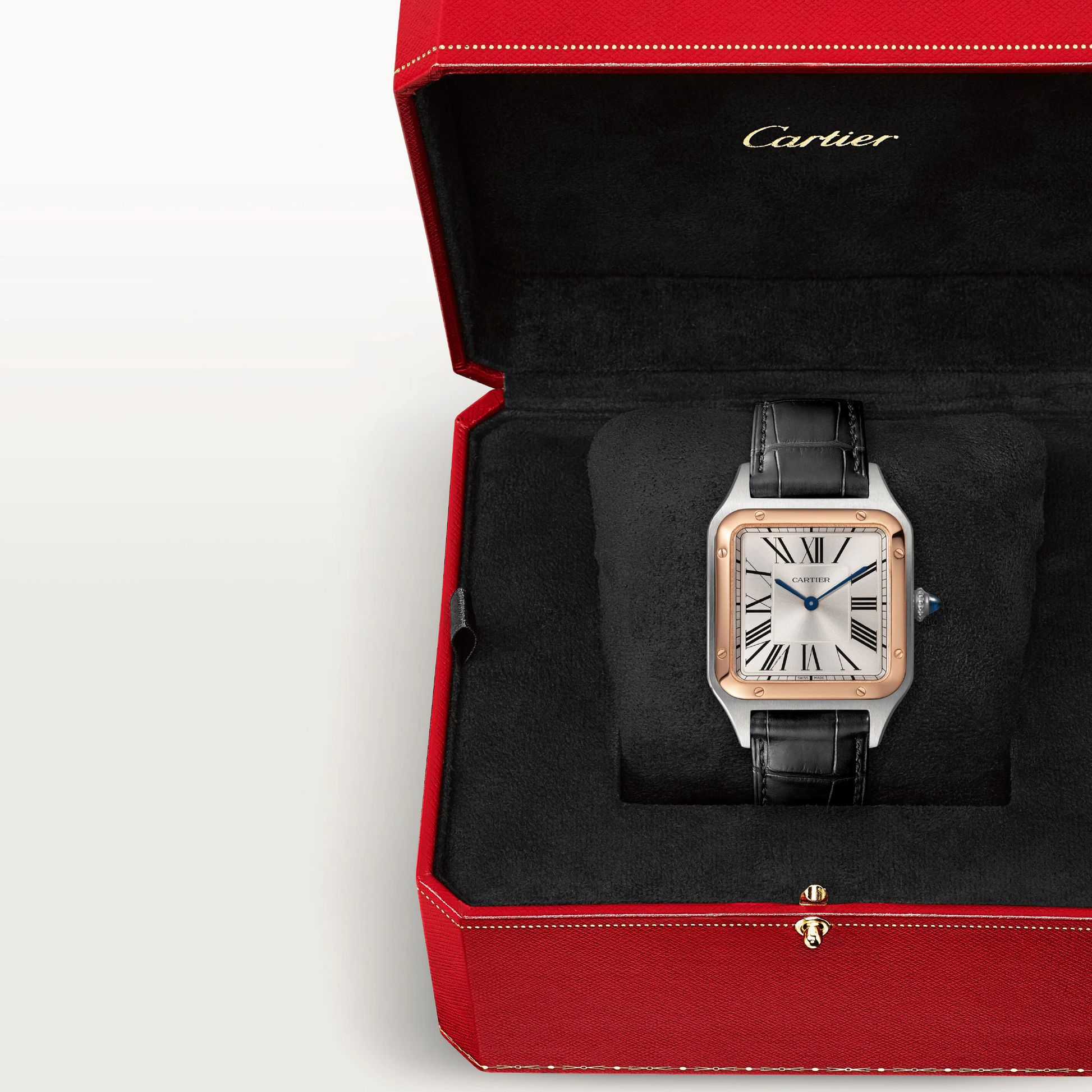 Cartier Santos de Cartier-Dumont Stainless Steel and Pink Gold 43.6 MM (Extra-Large Model) - Black Leather Strap - Silver Dial - W2SA0011