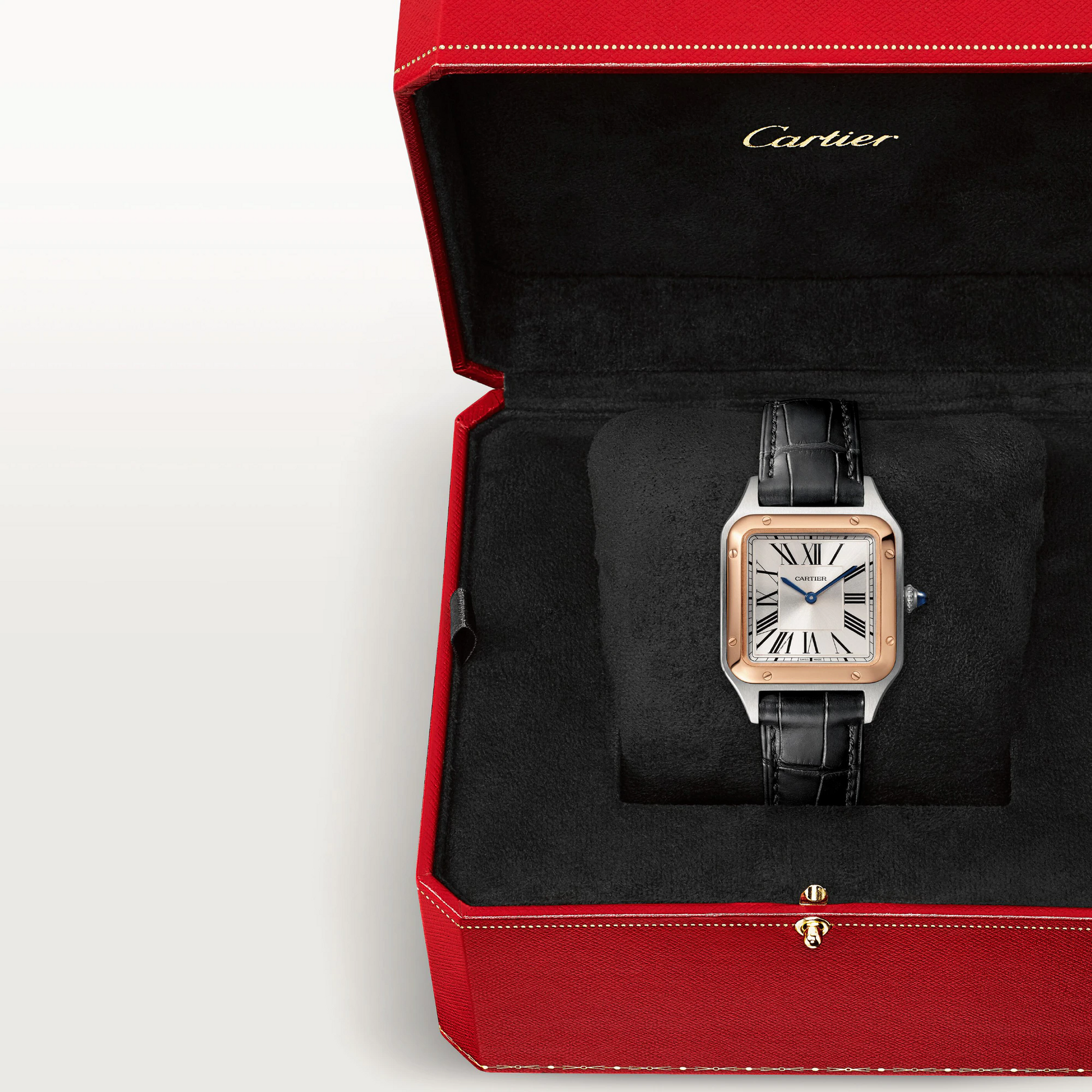 Cartier Santos de Cartier-Dumont Stainless Steel and Pink Gold 38 MM (Small Model) - Black Leather Strap - Silver Dial - W2SA0012