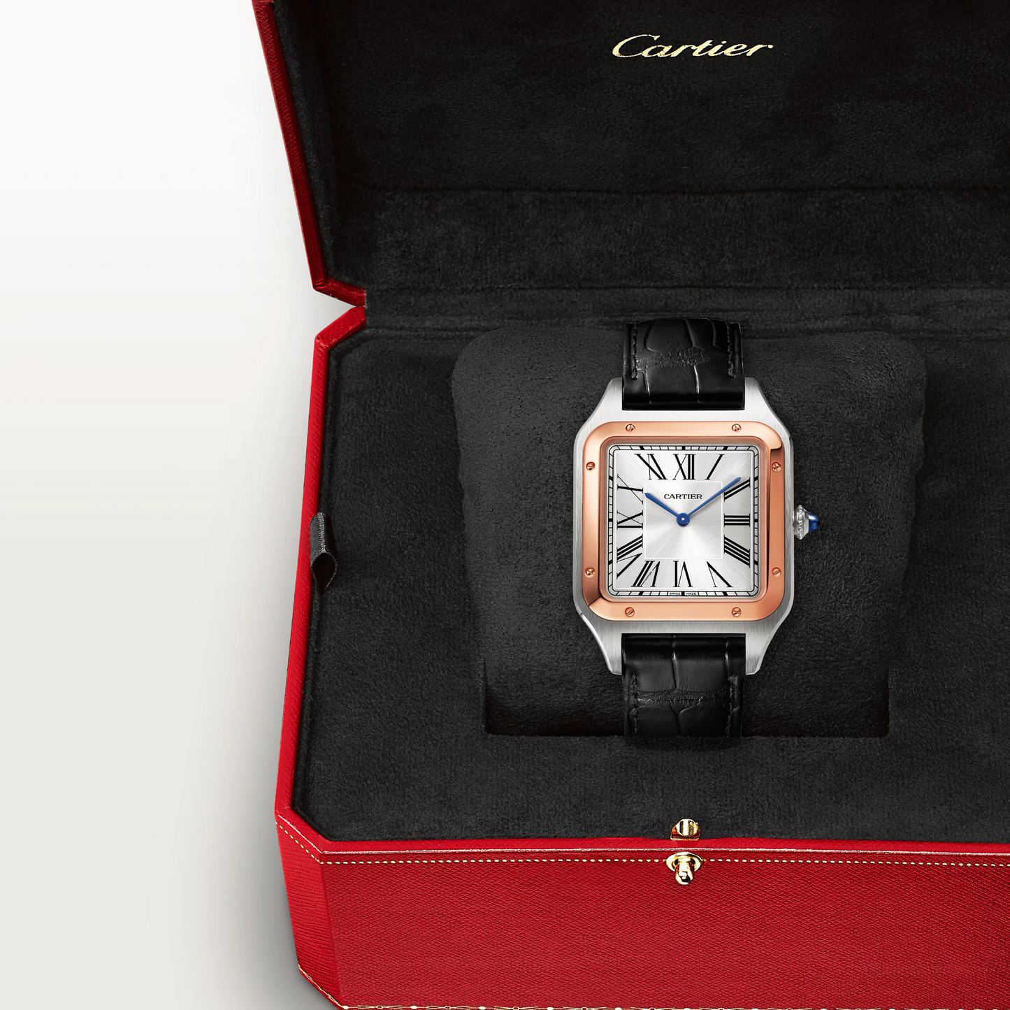 Cartier Santos de Cartier-Dumont Stainless Steel and Pink Gold 46.6 MM (Extra-Large Model) - Black Leather Strap - Silver Dial - W2SA0017