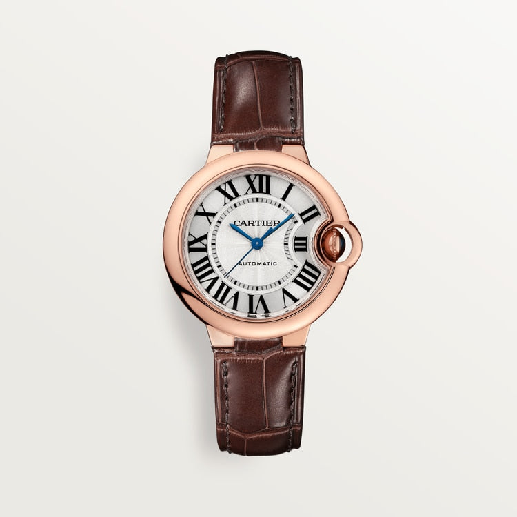 Cartier Ballon Bleu Pink Gold 33 MM - Brown Leather Strap - Silver Dial -W6920097