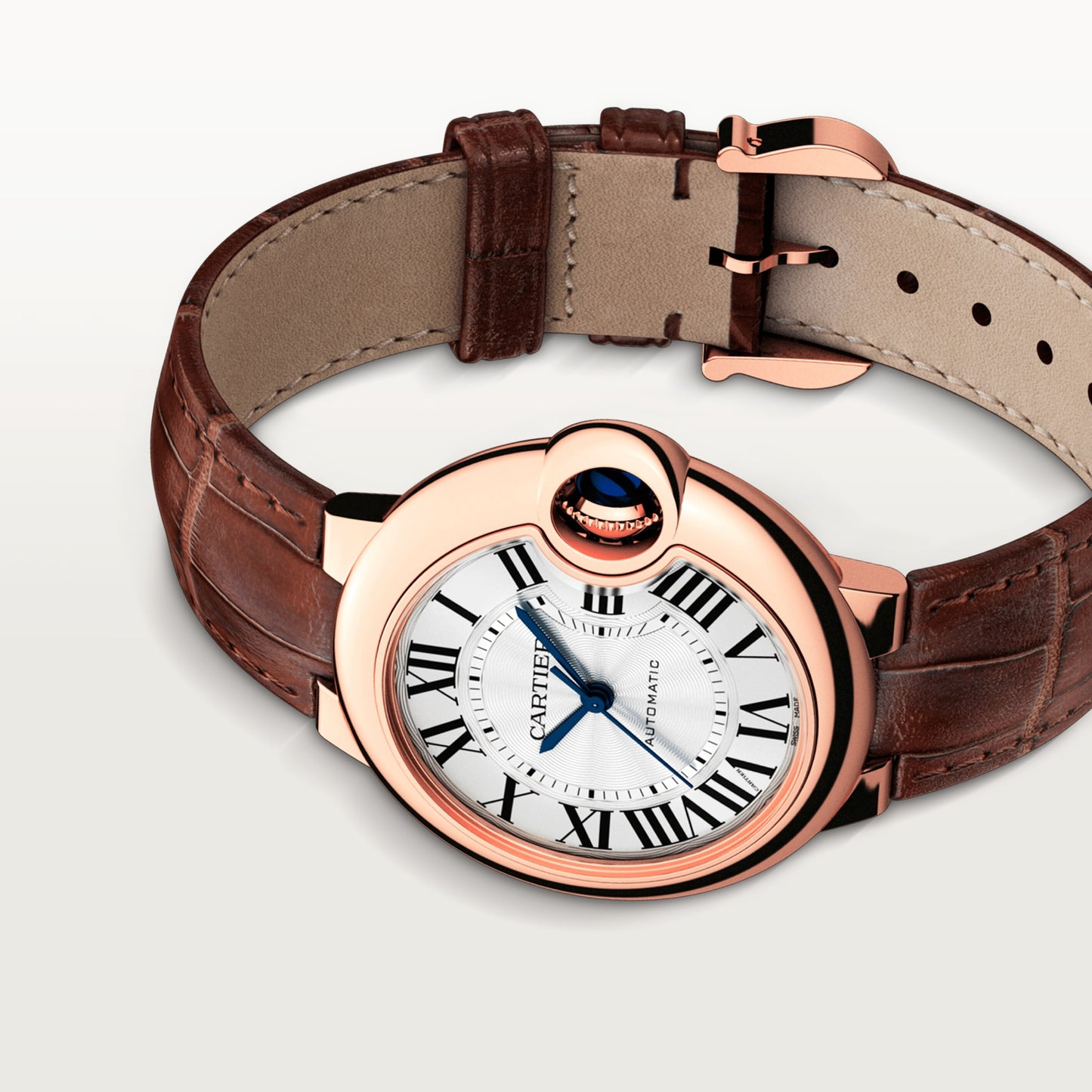 Cartier Ballon Bleu Pink Gold 33 MM - Brown Leather Strap - Silver Dial -W6920097