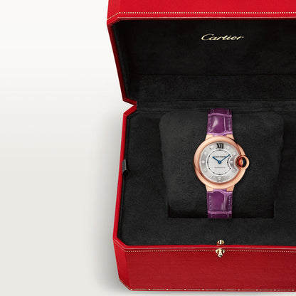 Cartier Ballon Bleu Rose Gold Diamonds 33 MM - Purple Leather Strap - White Diamond Dial - WE902063