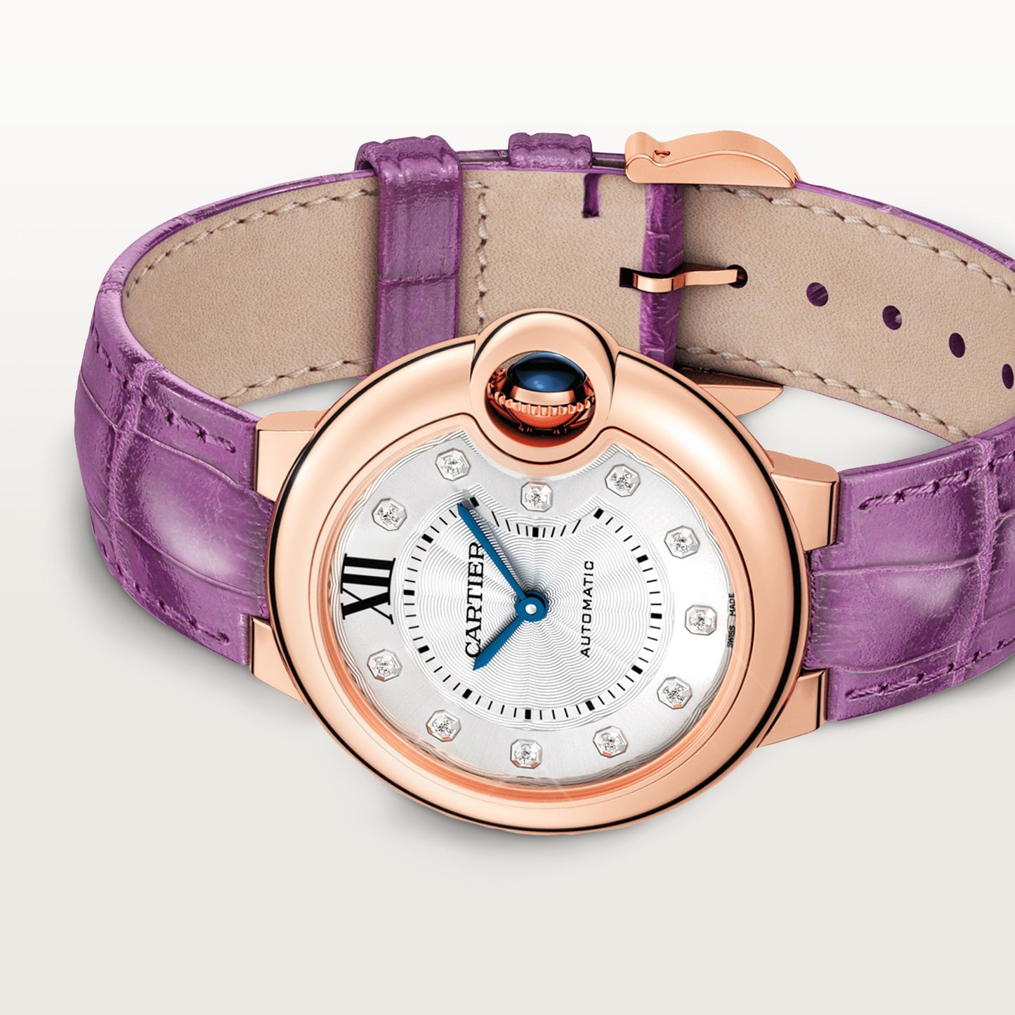 Cartier Ballon Bleu Rose Gold Diamonds 33 MM - Purple Leather Strap - White Diamond Dial - WE902063