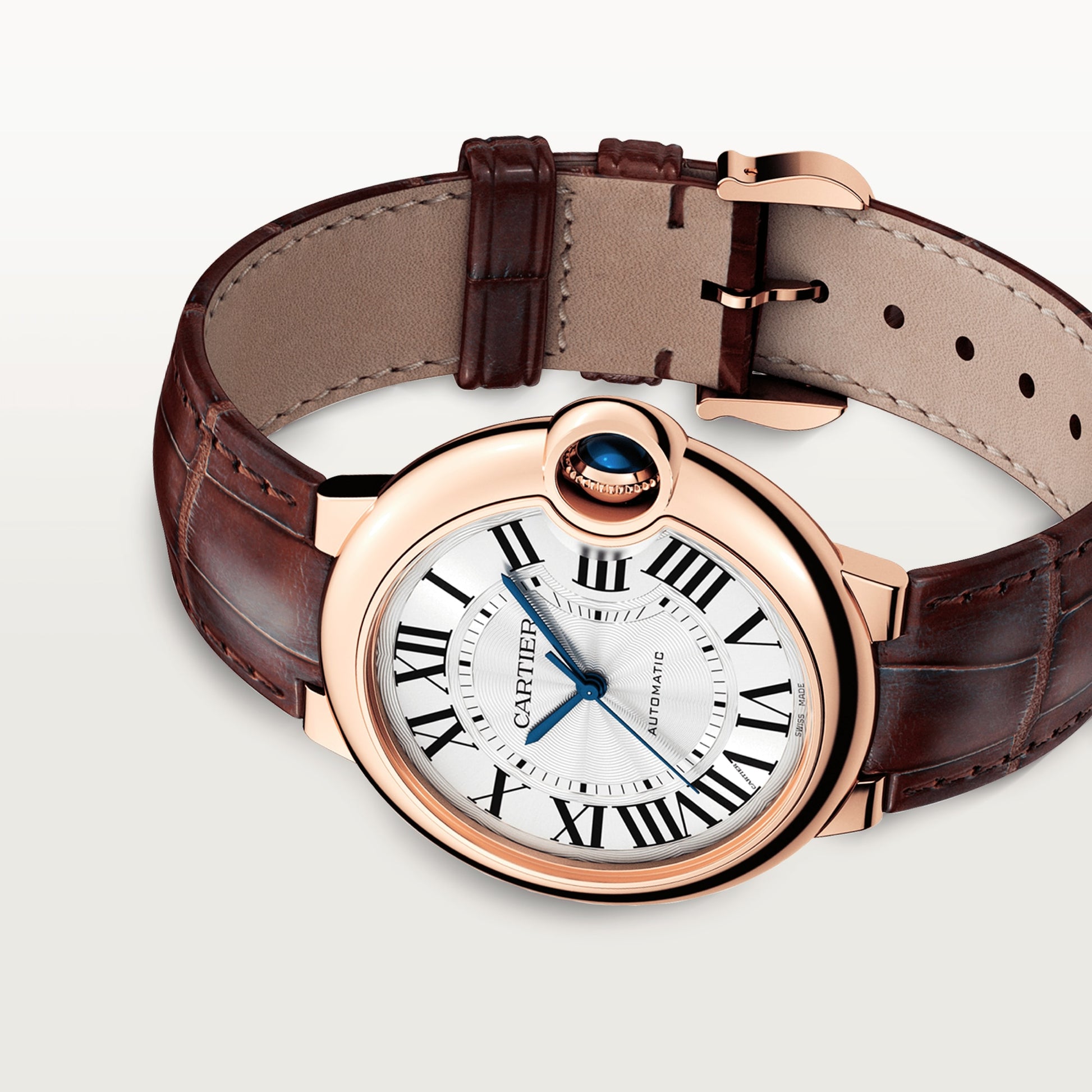 Cartier Ballon Bleu Rose Gold 36 MM - Brown Leather Strap - White Dial - WGBB0009