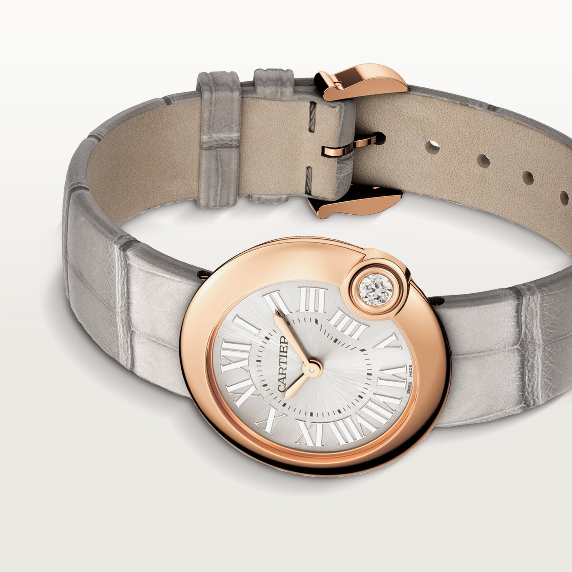 Cartier Ballon Bleu Pink Gold 30 MM - Grey Leather Strap - Silvered Sunray Dial - WGBL0005