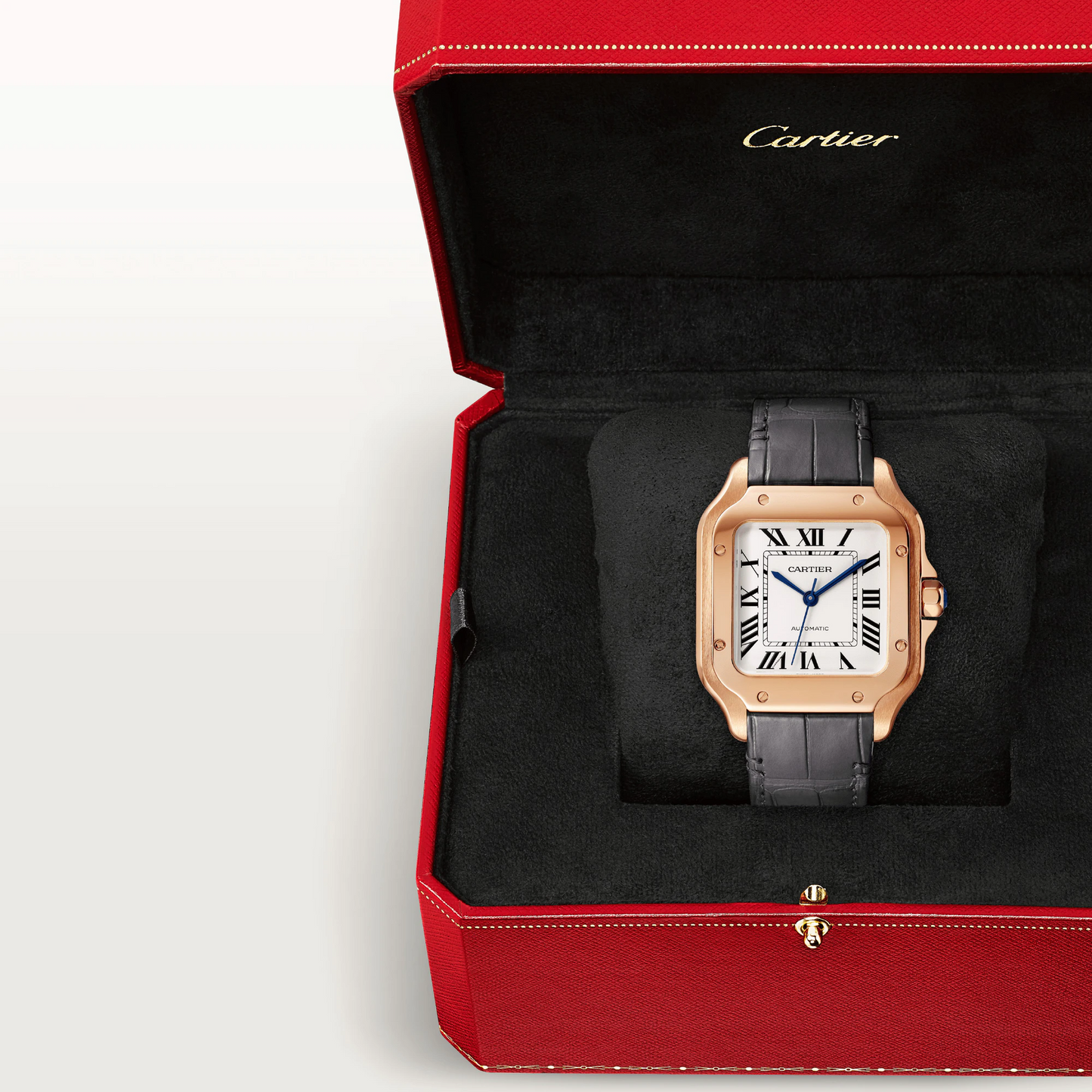 Cartier Santos de Cartier Rose Gold 35.1 MM (Medium Model) - Grey Leather Strap - Silver Dial - WGSA0028