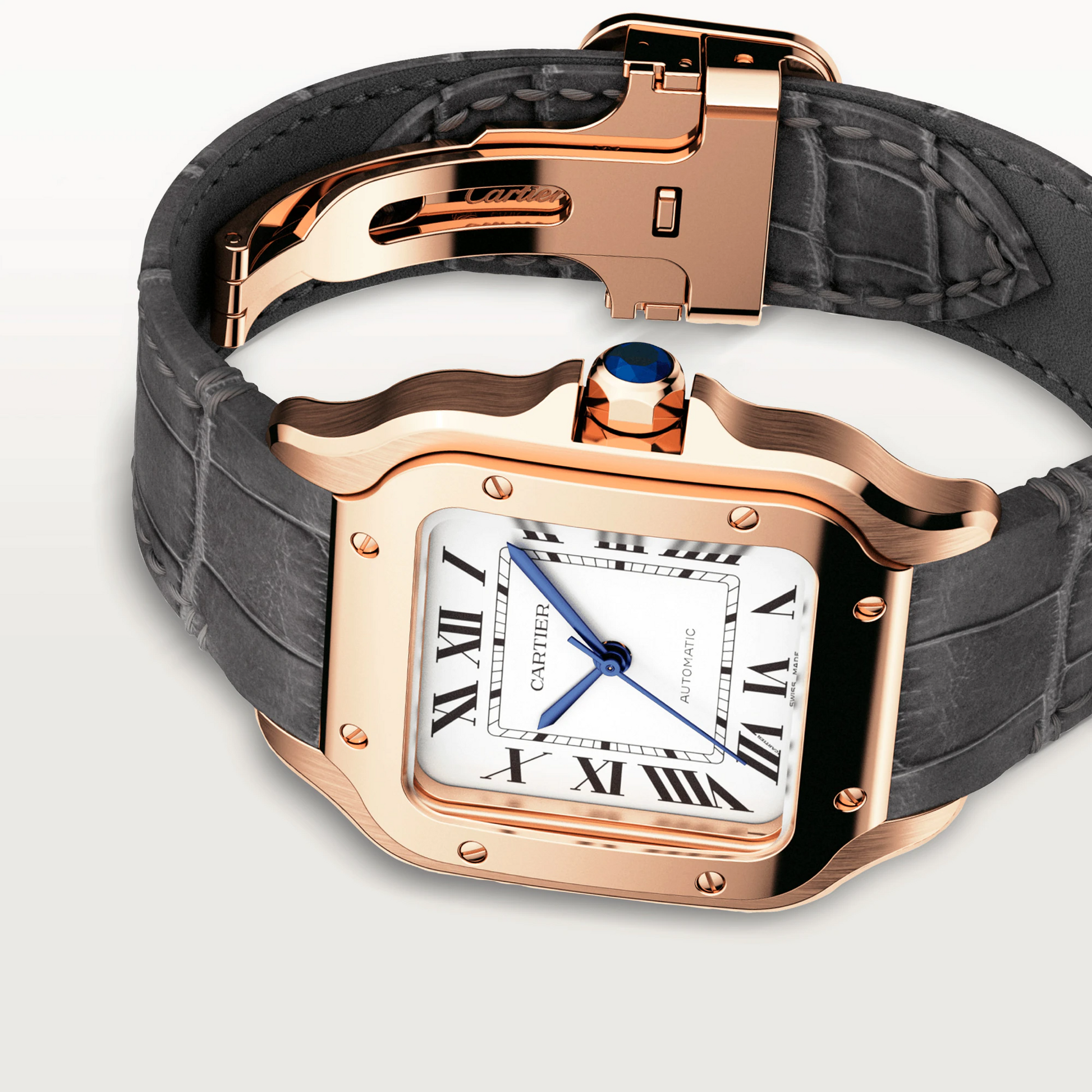 Cartier Santos de Cartier Rose Gold 35.1 MM (Medium Model) - Grey Leather Strap - Silver Dial - WGSA0028