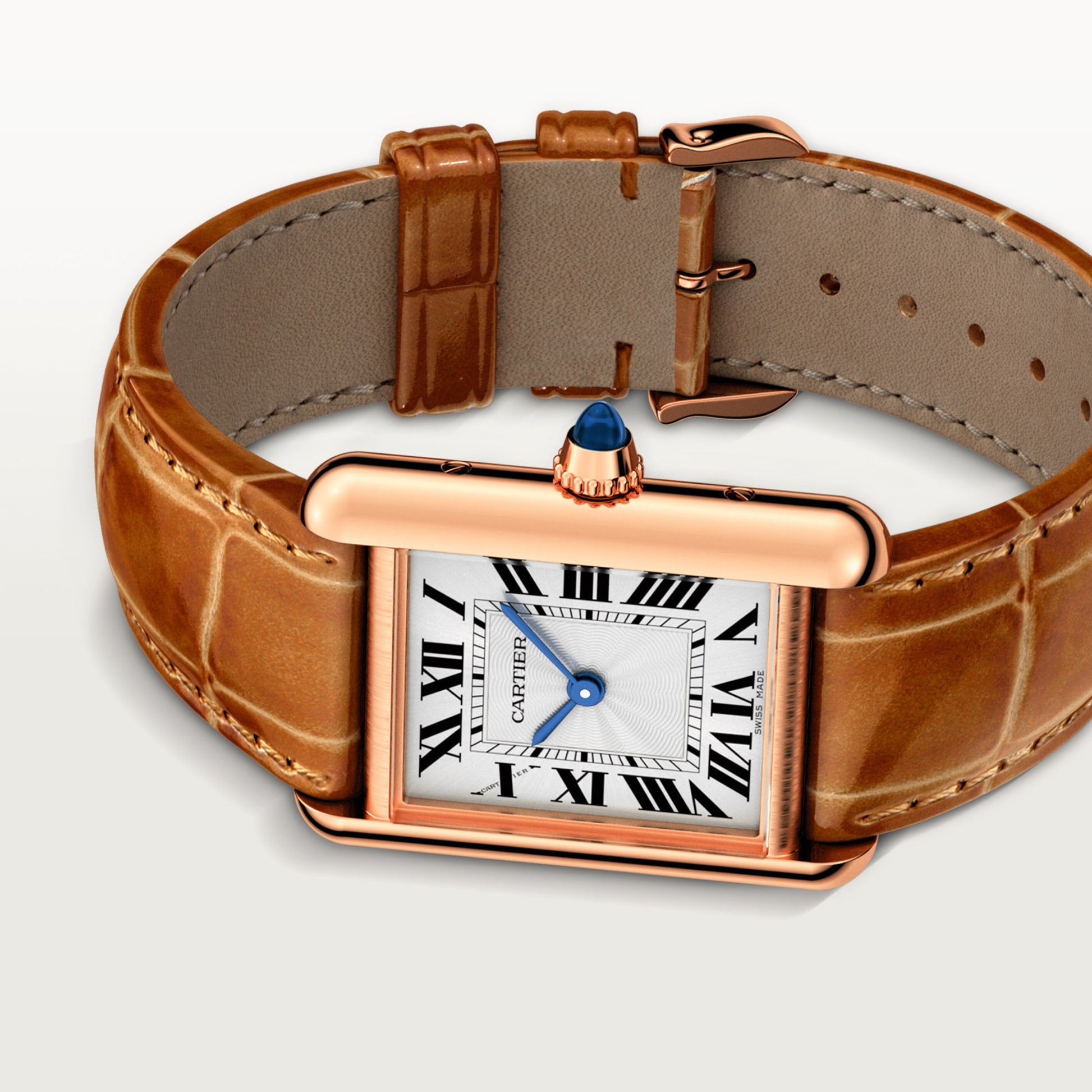 Cartier Tank Rose Gold (Small Model) 29 MM - Brown Leather Strap - Rose Gold Bezel - Silver Dial - WGTA0010