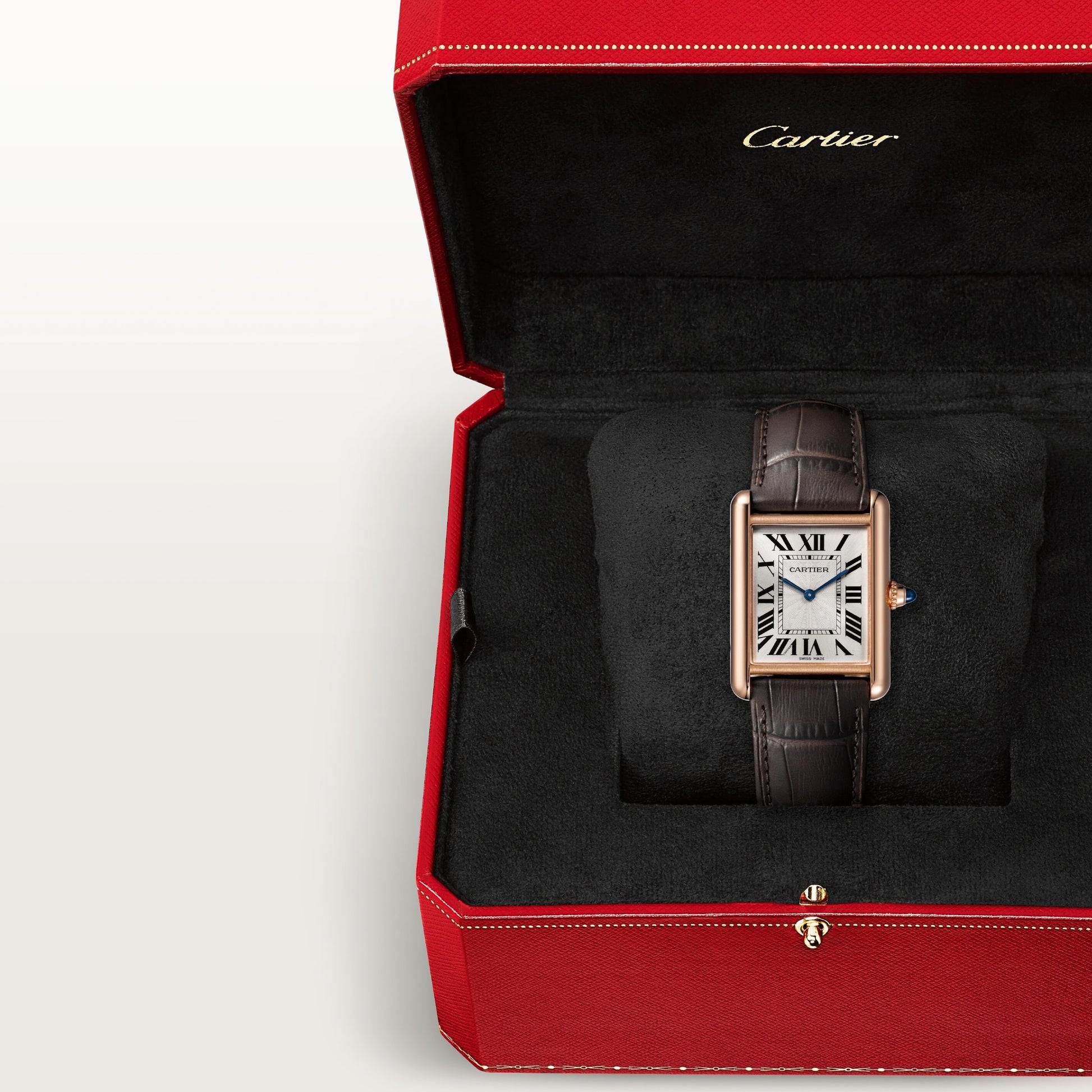 Cartier Tank Rose Gold (Large Model) 33 MM - Brown Leather Strap - Rose Gold Bezel - Silver Dial - WGTA0011