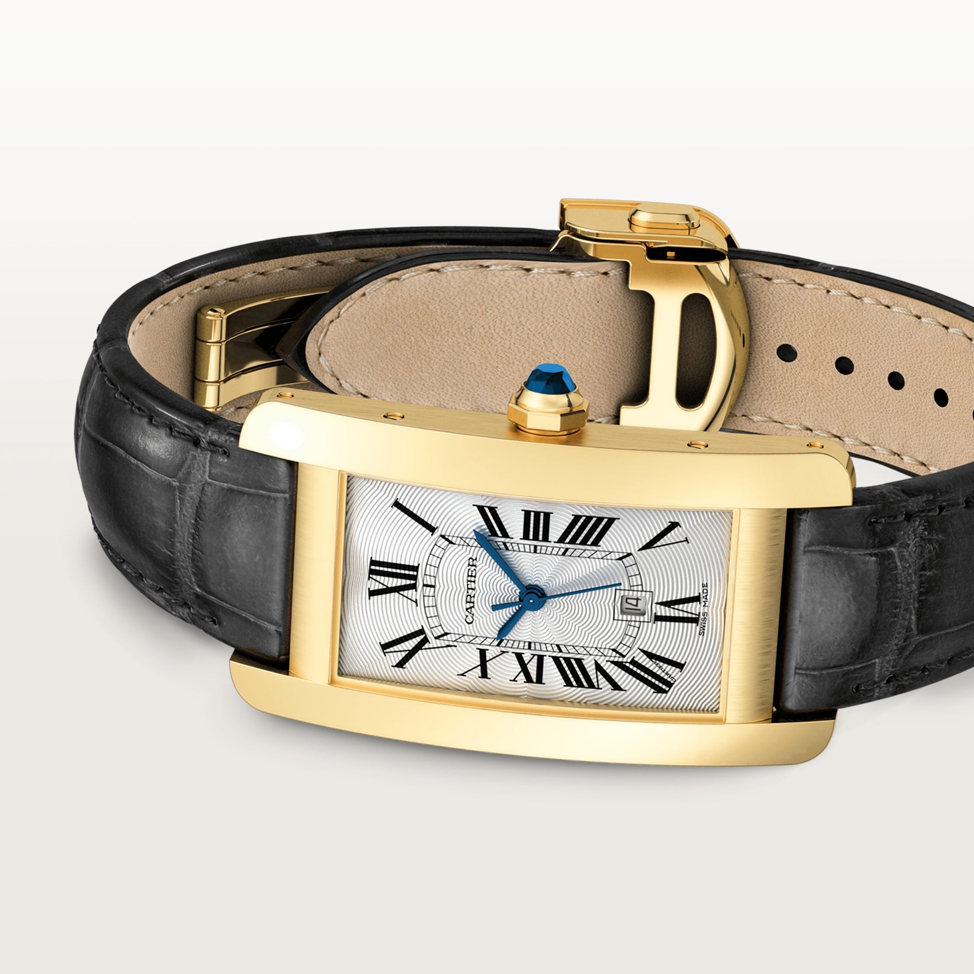 Cartier Tank Yellow Gold (Large Model) 41 MM - Black Leather Strap - Yellow Gold Bezel - Silver Dial - WGTA0040