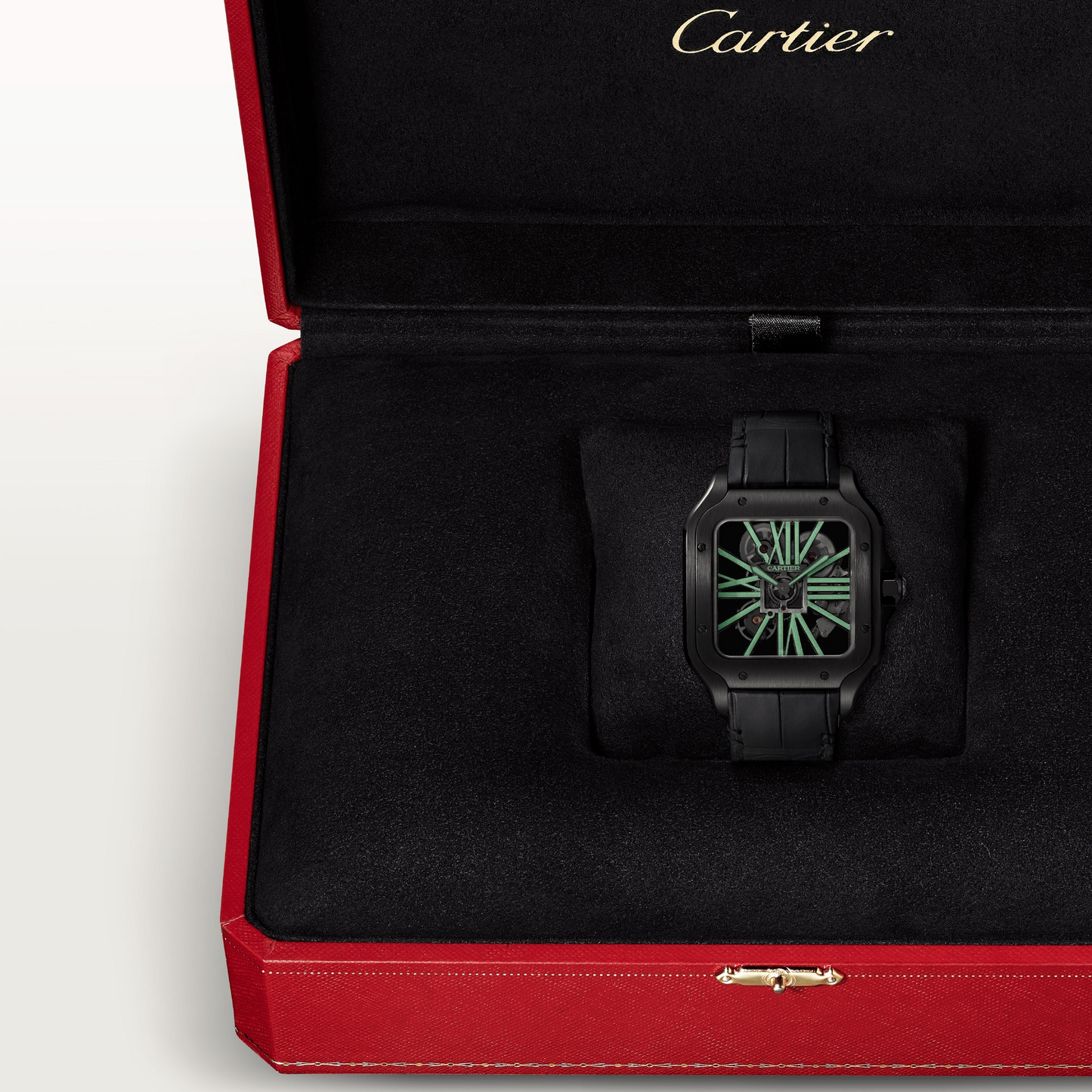 Cartier Santos de Cartier Stainless Steel 39.8 MM (Large Model) - Black Leather Strap - Skeleton Dial - WHSA0009