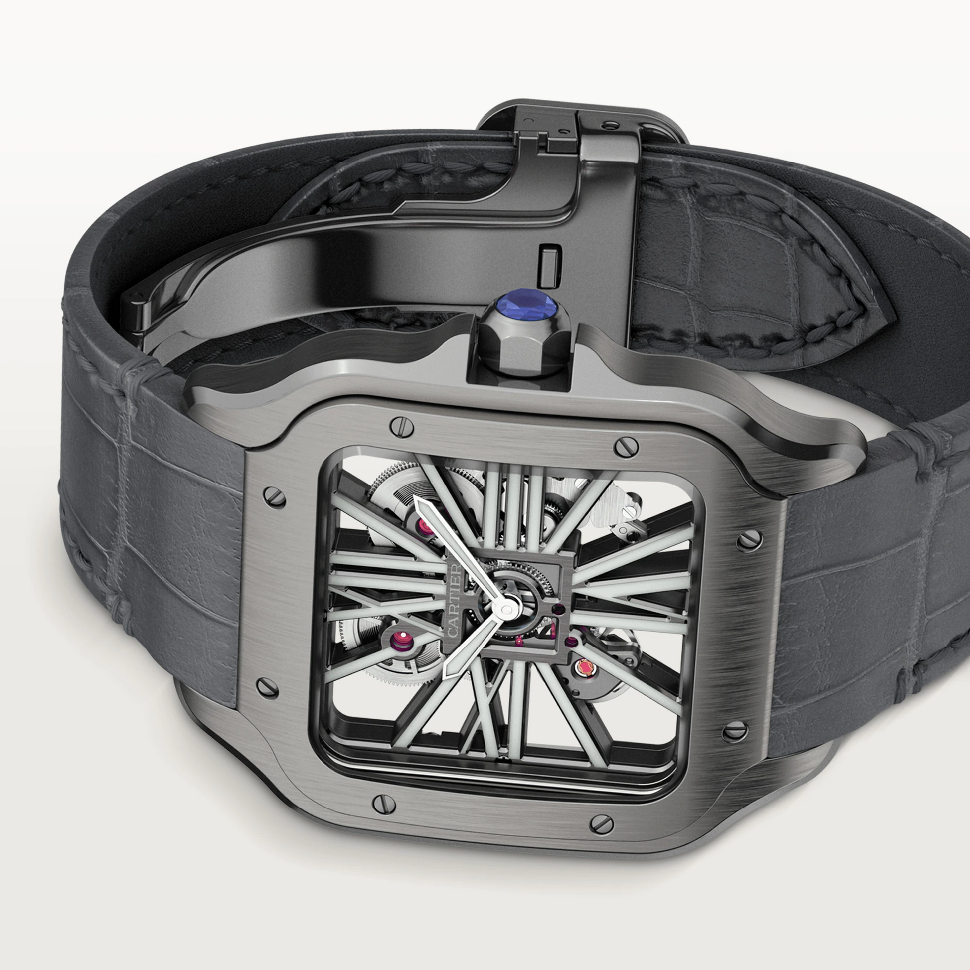 Cartier Santos de Cartier Stainless Steel 39.8 MM (Large Model) - Black Leather Strap - Skeleton Dial - WHSA0009