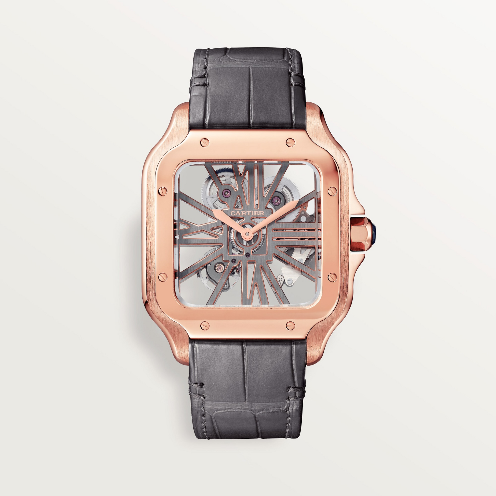 Cartier Santos de Cartier Rose Gold 39 MM (Large Model) - Grey Leather Strap - Skeleton Dial - WHSA0018