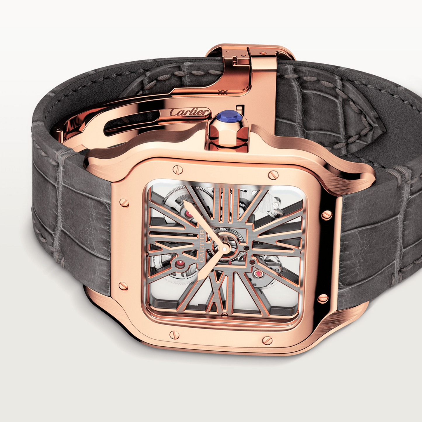 Cartier Santos de Cartier Rose Gold 39 MM (Large Model) - Grey Leather Strap - Skeleton Dial - WHSA0018