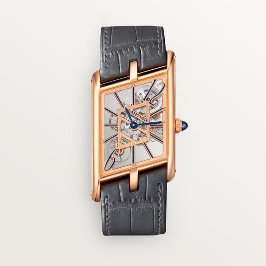 Cartier Tank Rose Gold (Large Model) 47 MM - Grey Leather Strap - Rose Gold Bezel - Skeleton Dial - WHTA0011