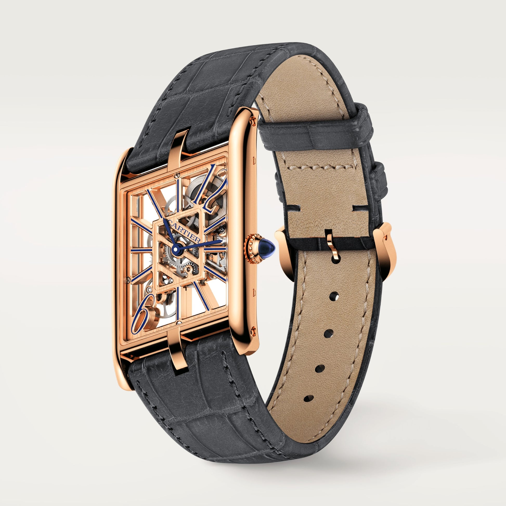 Cartier Tank Rose Gold (Large Model) 47 MM - Grey Leather Strap - Rose Gold Bezel - Skeleton Dial - WHTA0011