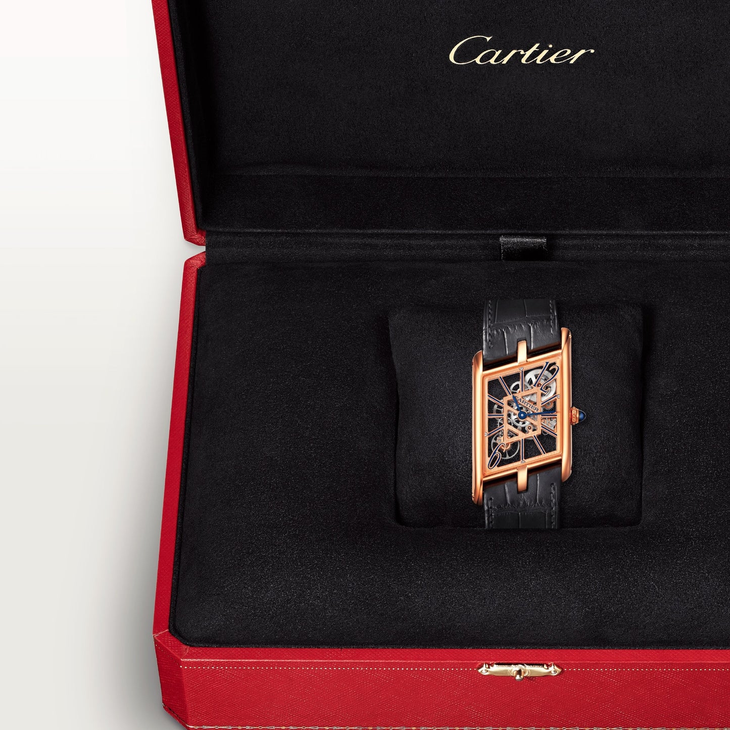 Cartier Tank Rose Gold (Large Model) 47 MM - Grey Leather Strap - Rose Gold Bezel - Skeleton Dial - WHTA0011