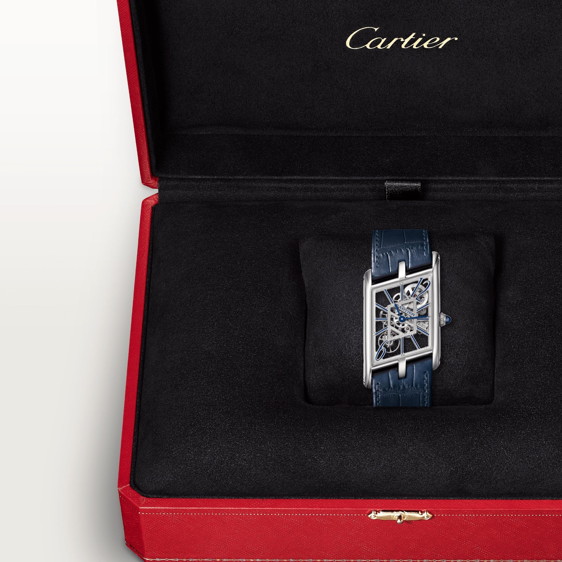 Cartier Tank Platinum (Large Model) 47 MM - Blue Leather Strap - White Gold Bezel - Skeleton Dial - WHTA0012