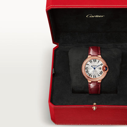 Cartier Ballon Bleu Pink Gold 33 MM - Burgundy Leather Strap - White Dial - WJBB0033