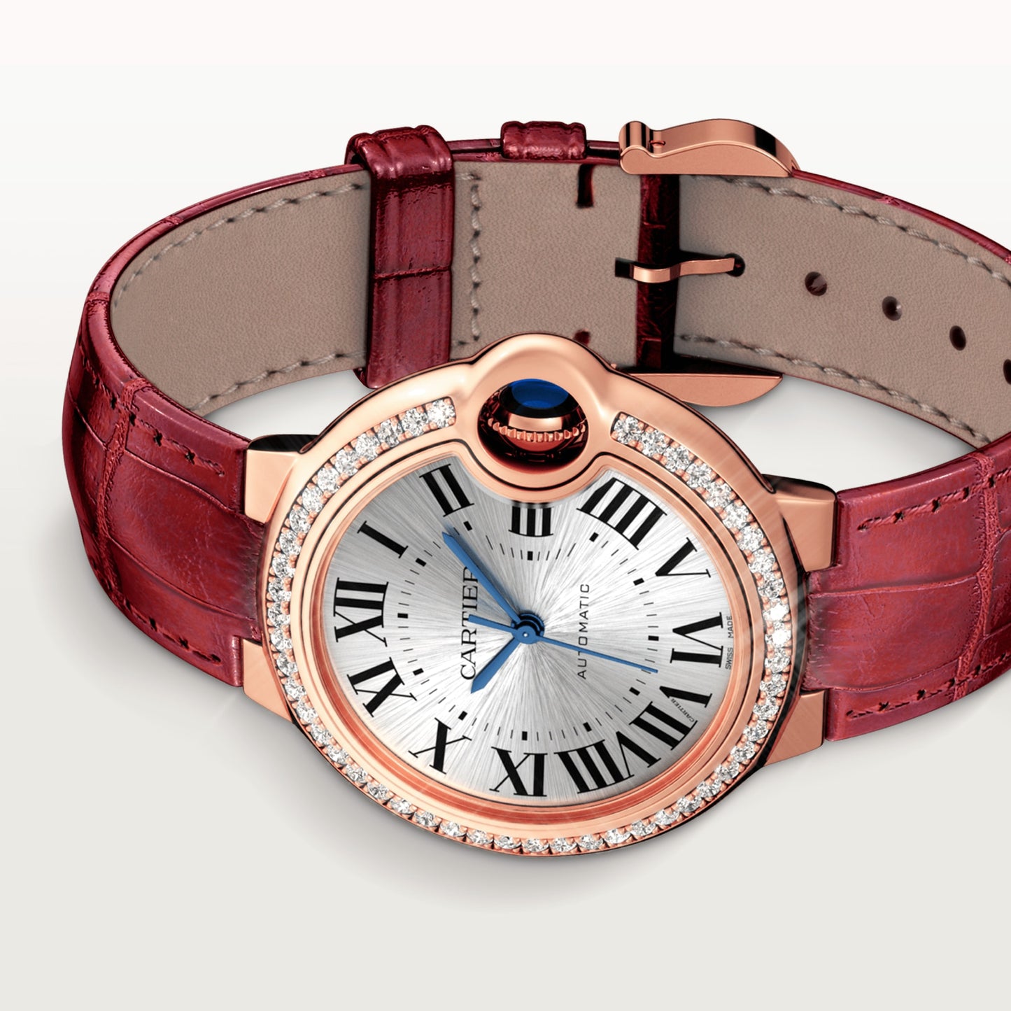 Cartier Ballon Bleu Pink Gold 33 MM - Burgundy Leather Strap - White Dial - WJBB0033