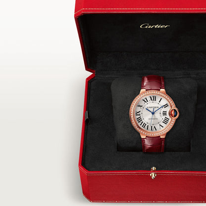 Cartier Ballon Bleu Rose Gold 36 MM - Burgundy Leather Strap - Silvered Sunray Dial - WJBB0034