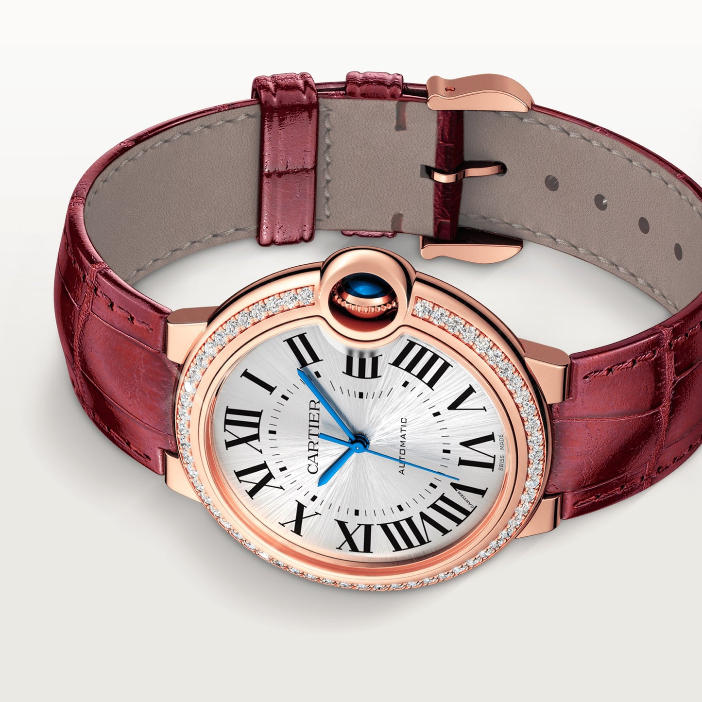 Cartier Ballon Bleu Rose Gold 36 MM - Burgundy Leather Strap - Silvered Sunray Dial - WJBB0034