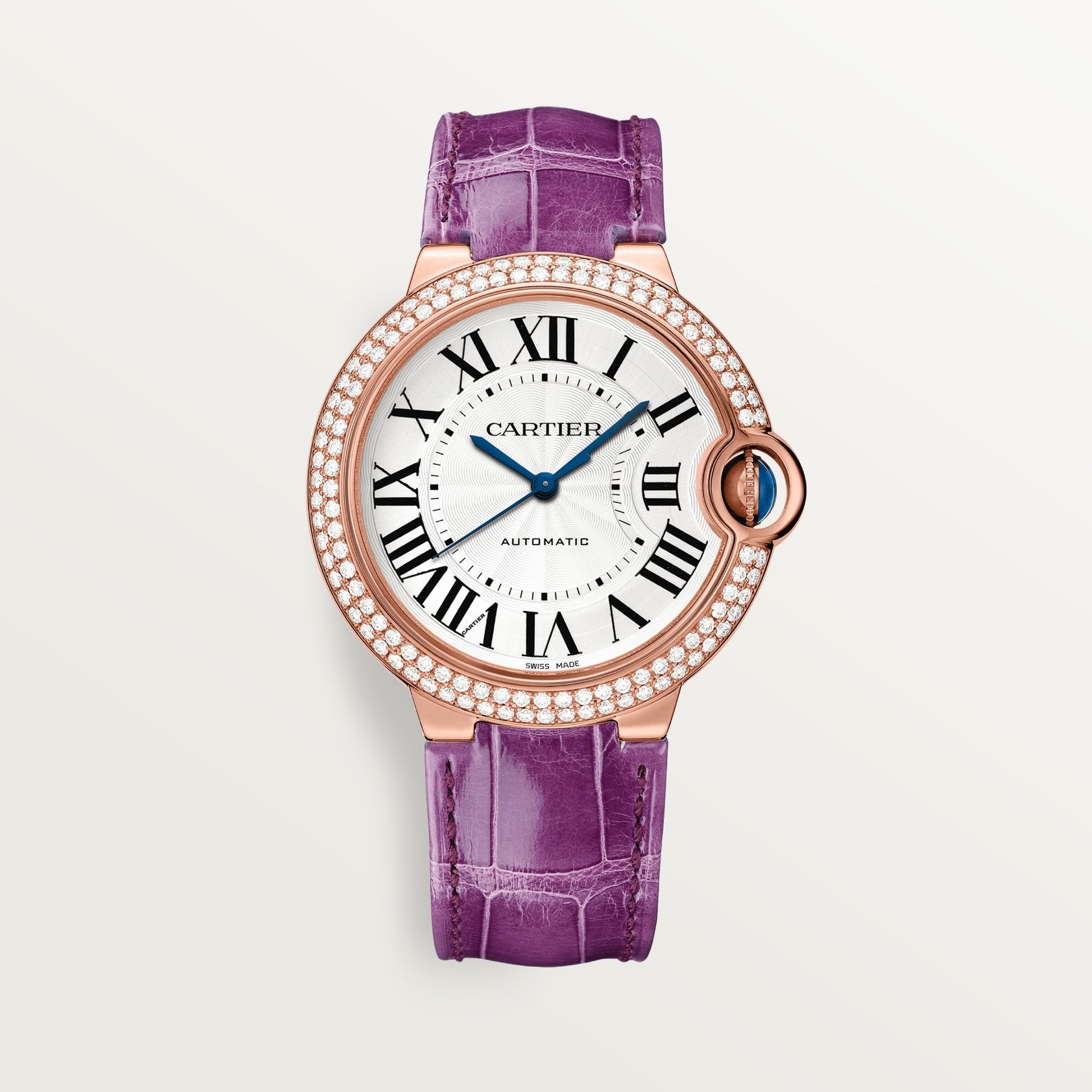 Cartier Ballon Bleu Rose Gold 36 MM - Purple Leather Strap - White Dial - WJBB0050