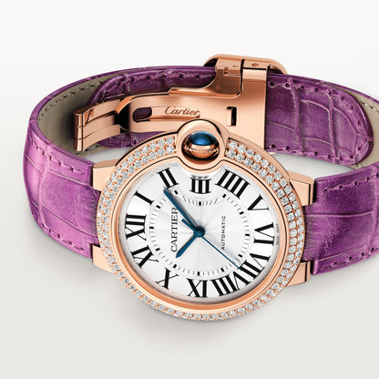 Cartier Ballon Bleu Rose Gold 36 MM - Purple Leather Strap - White Dial - WJBB0050