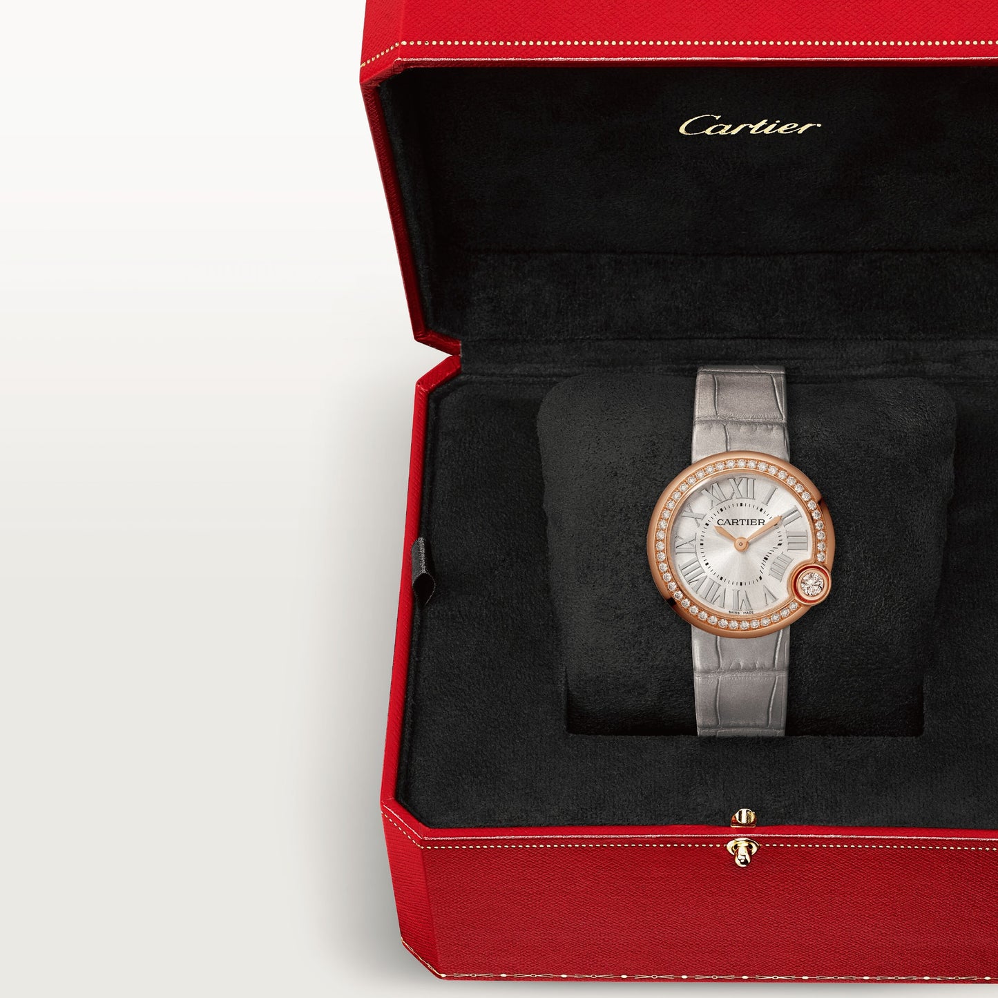 Cartier Ballon Bleu Pink Gold 30 MM - Grey Leather Strap - Silvered Sunray Dial - WJBL0008