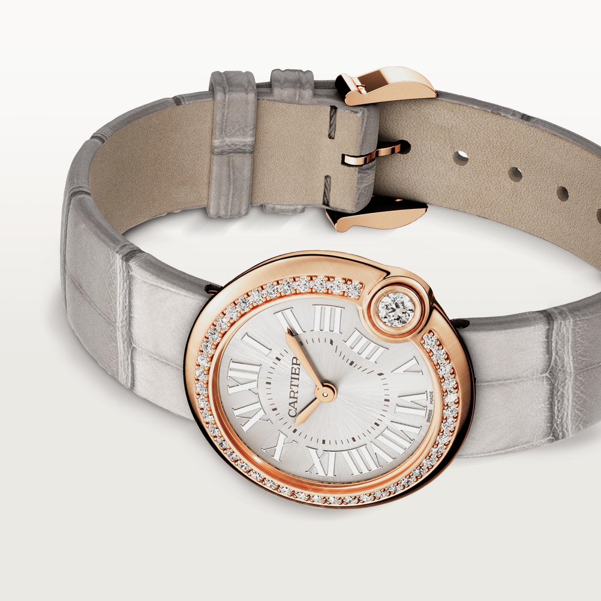 Cartier Ballon Bleu Pink Gold 30 MM - Grey Leather Strap - Silvered Sunray Dial - WJBL0008