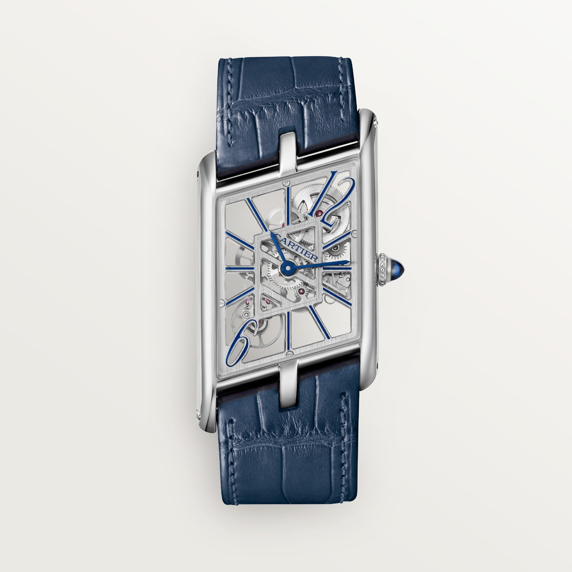 Cartier Tank Platinum (Large Model) 47 MM - Blue Leather Strap - White Gold Bezel - Skeleton Dial - WHTA0012