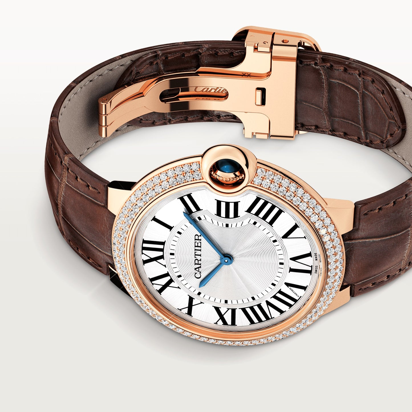 Cartier Ballon Bleu Rose Gold Diamonds 40 MM - Brown Leather Strap - White Dial - WE902055