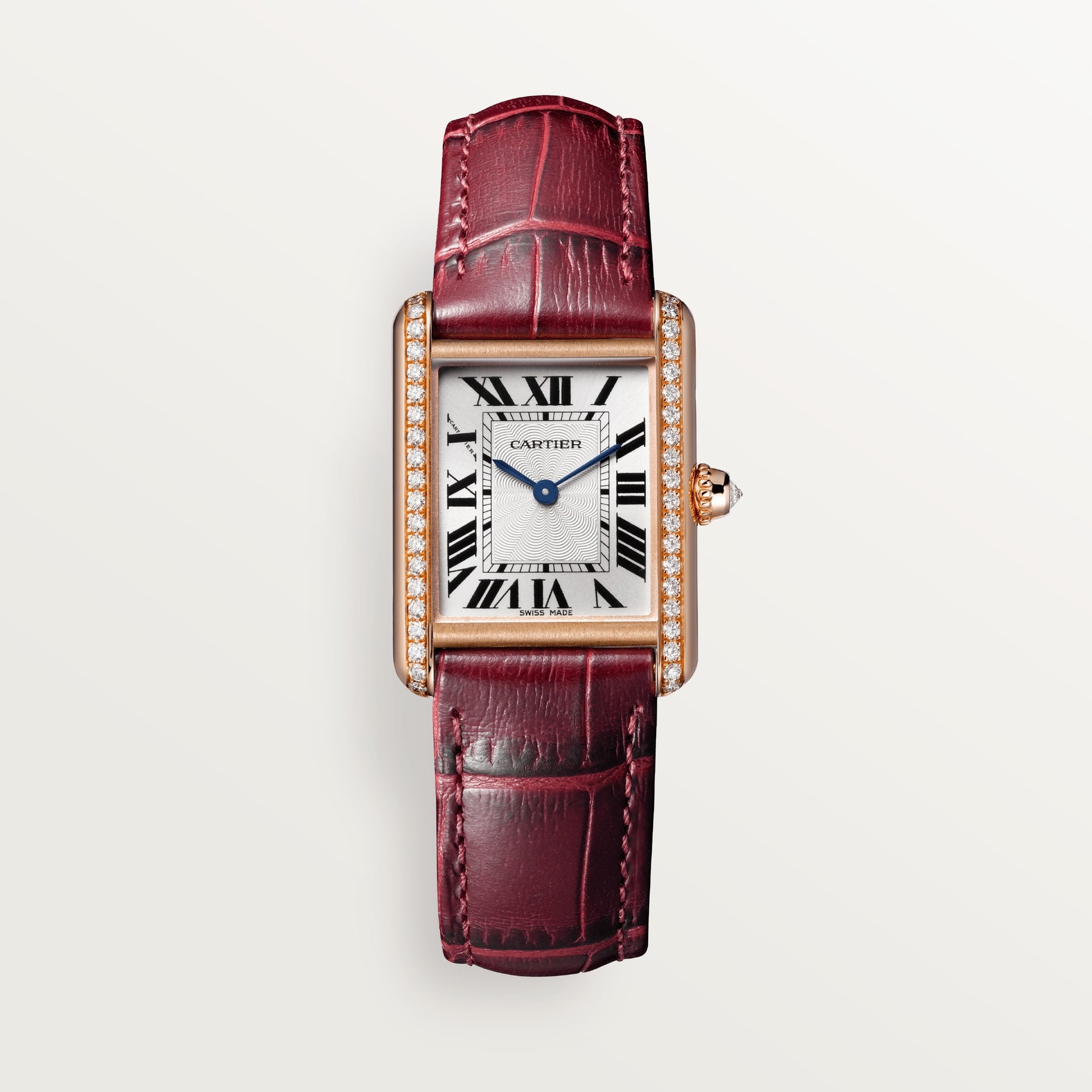 Cartier Tank Rose Gold (Small Model) 29 MM - Claret Leather Strap - Rose Gold Diamond Bezel - Silver Dial - WJTA0037